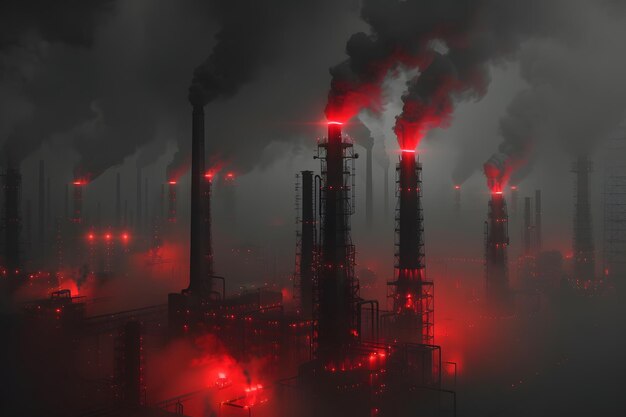 Fabryka przemysłowa emitująca dym i czerwone światła