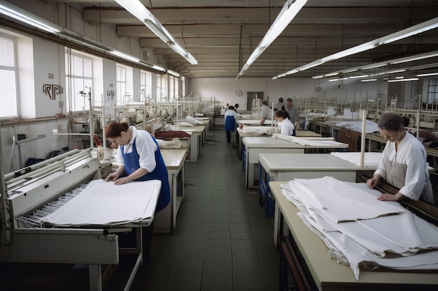 Fabryka tekstyliów z pracownikami pracującymi na liniach produkcyjnych stworzonych za pomocą generatywnej sztucznej inteligencji