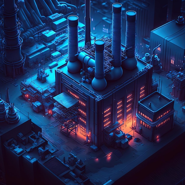 Fabryka w stylu synthwave z widokiem izometrycznym Niebieski i fioletowy pejzaż przemysłowy z neonami Wygenerowano sztuczną inteligencję