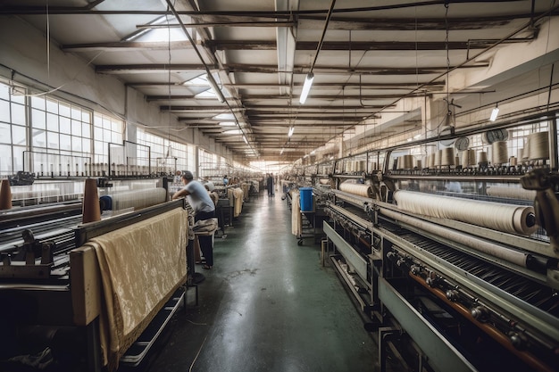 Fabryka włókiennicza z maszynami i pracownikami produkującymi wysokiej jakości tkaniny stworzone za pomocą generatywnej sztucznej inteligencji