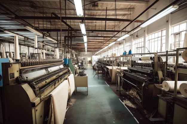 Fabryka włókiennicza z rzędami maszyn i robotnikami tkającymi tkaniny stworzona za pomocą generatywnej sztucznej inteligencji