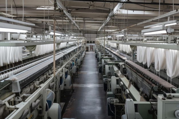 Fabryka włókiennicza z rzędami maszyn produkujących wysokiej jakości tkaniny stworzone za pomocą generatywnej sztucznej inteligencji