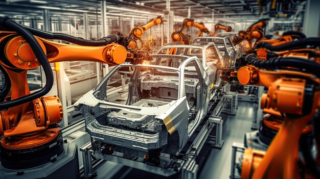 Zdjęcie fabryki motoryzacyjne z rękami robotycznymi są w pełni zautomatyzowane w nowoczesnej fabryce
