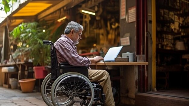 Zdjęcie facet na wózku inwalidzkim za pomocą laptopa generative ai