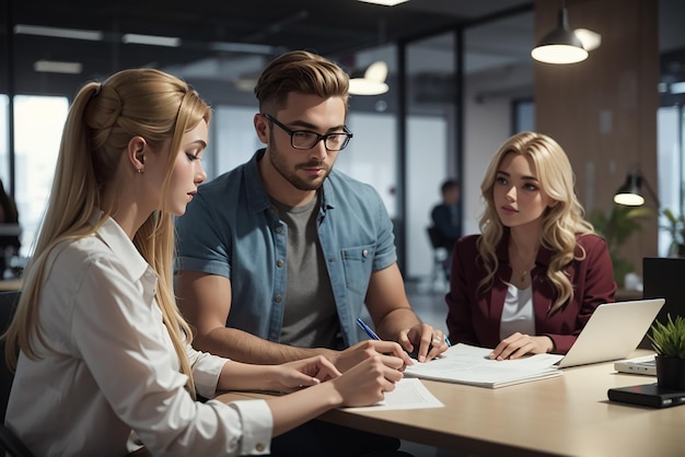 Facet pokazuje dokument grupie dziewcząt młodych freelancerów w biurze rozmawiają i pracują