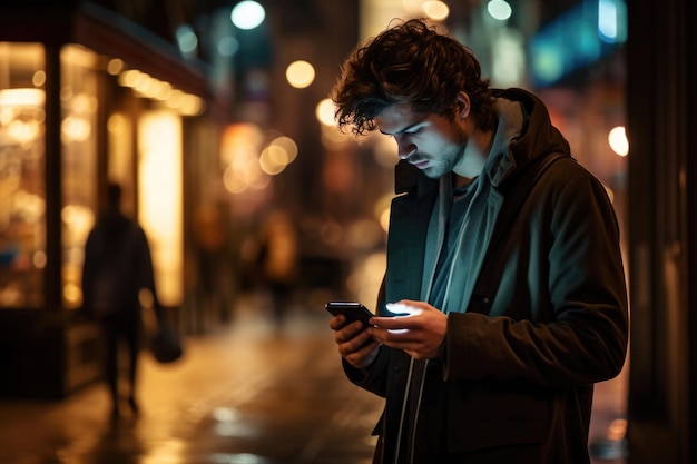 Facet przeglądający swój smartfon w światłach miasta i nawigujący do SMS-ów w ciemny wieczór