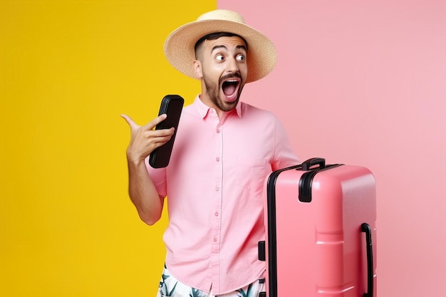 Facet trzyma swój bagaż i telefon gotowy na wakacje i wakacje
