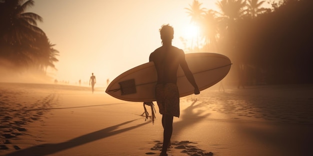 Zdjęcie facet ze sri lanki z deską surfingową na wybrzeżu oceanu o zachodzie słońca i czekającą falą generacyjna ai