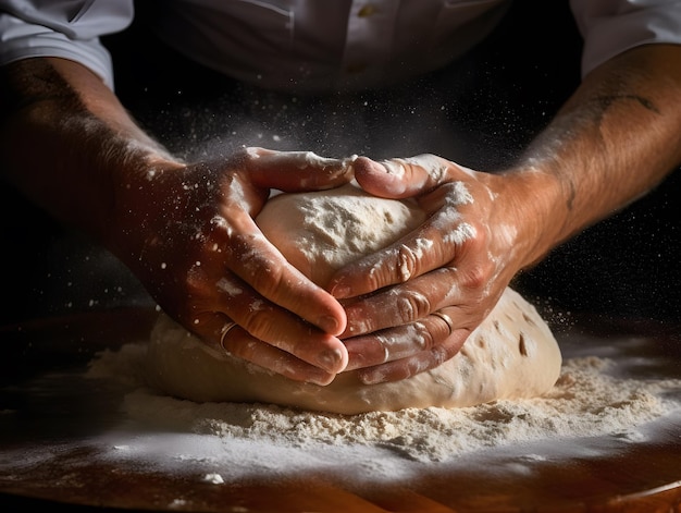 Fachowe wyrabianie ciasta z mąką latającą w powietrzu to ręce twórcy pizzy Generative AI