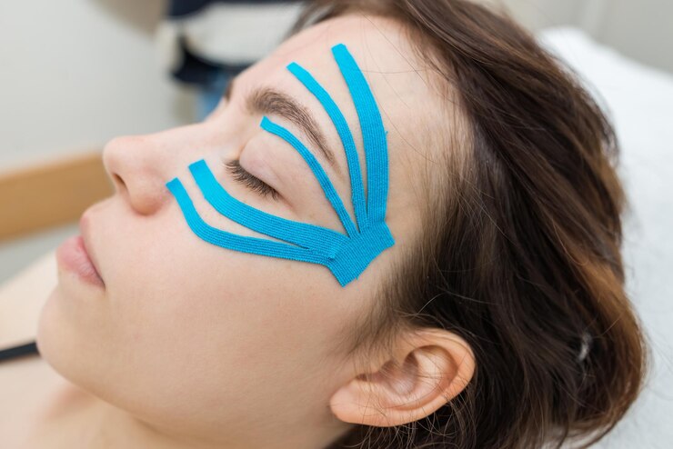 Facial tape zbliżenie twarzy dziewczynki przeciwzmarszczkową taśmą kosmetologiczną Estetyczne taping twarzy Nieinwazyjna metoda liftingu przeciwstarzeniowego redukująca zmarszczki