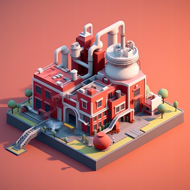 Factory 3d cartoon illustration Generatywne AI Fabryka budynku fajki dymu