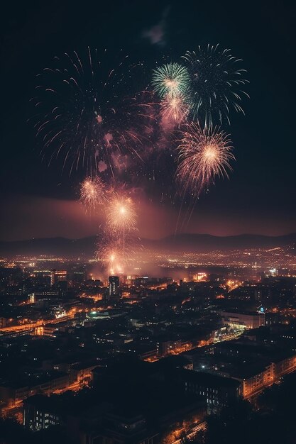 Fajerwerki nad miastem nocą z miastem w tle