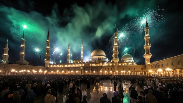 fajerwerki rozświetlają nocne niebo nad meczetem.