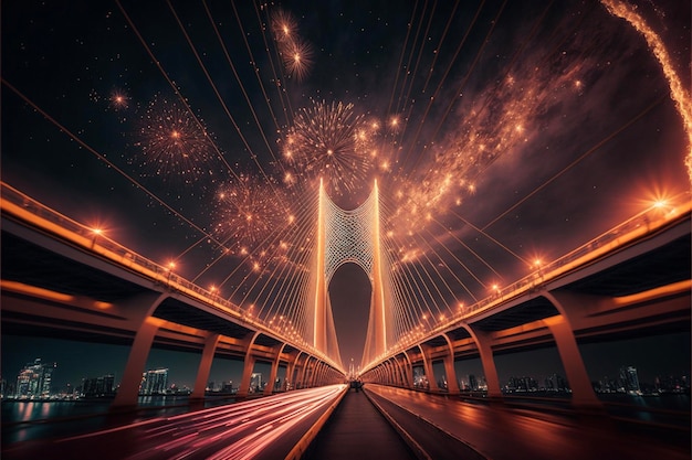 Fajerwerki rozświetlają nocne niebo nad sztuczną inteligencją mostu