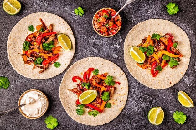 FAJITAS z kolorową papryką i cebulą podawany z tortillami