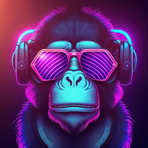 Fajna neonowa imprezowa małpa w słuchawkach i okularach przeciwsłonecznych Generacyjna sztuczna inteligencja Nie jest oparta na żadnej rzeczywistej scenie