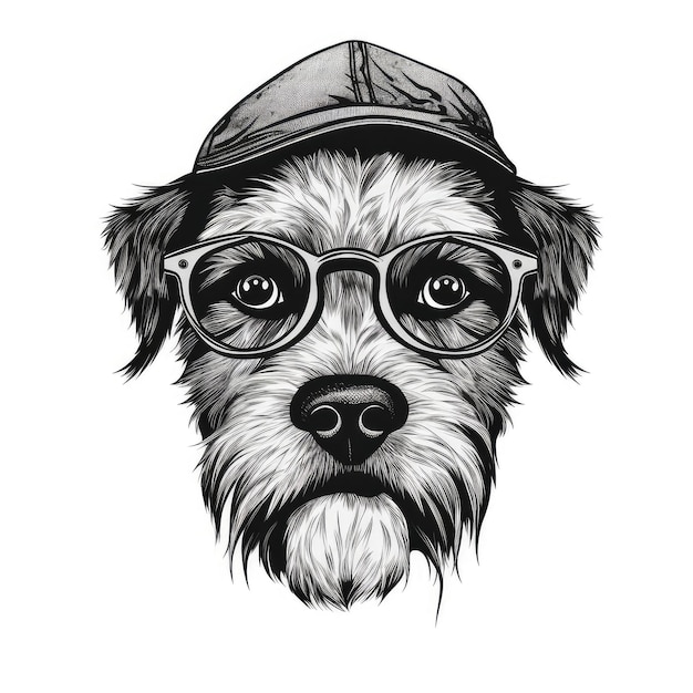Fajne okulary dla psa na białym tle zabawny border terrier inteligentny moda psy portret czarna sylwetka ikona hipster psy koszulka z nadrukiem AI generatywna ilustracja