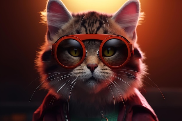 Fajny kot hipster w stylowych czerwonych okularach Zabawny portret studyjny puszystego zwierzaka patrzącego w kamerę Animal Generative AI