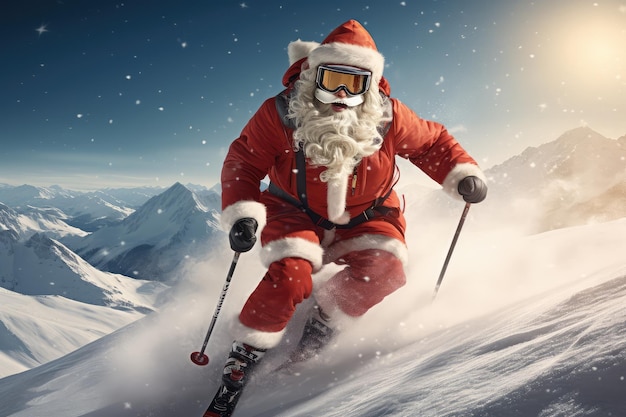 Fajny kot w kapeluszu i garniturze Świętego Mikołaja na nartach na śnieżnej górze