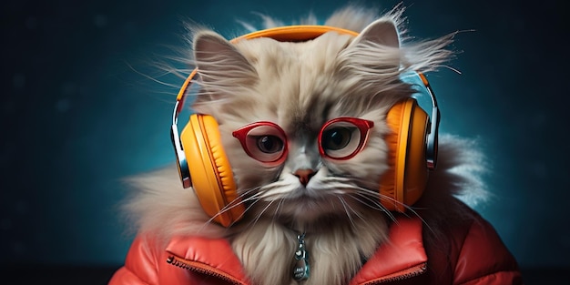 Fajny kot w słuchawkach i okularach przeciwsłonecznych słucha muzyki Zbliżony portret futrzanego kotka w stylu modnym
