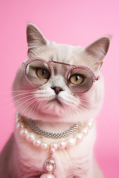 Fajny kot z dekoltem i okularami na różowym tle Modny wygląd bądź modny Styl i moda Stylowe zwierzę domowe Akcesoria jubilerskie Generative AI