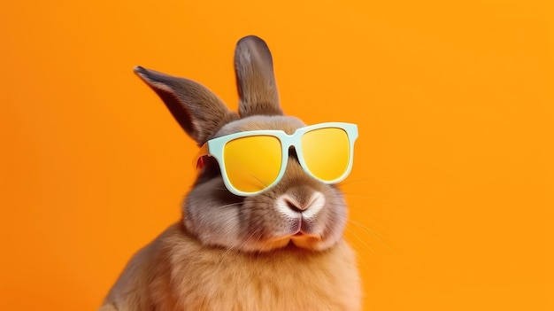 Fajny króliczek z okularami przeciwsłonecznymi na kolorowym tle Happy Easter card Generative AI