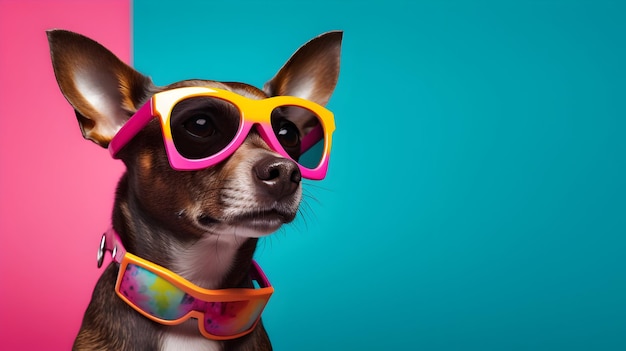 Fajny pies Chic z okularami przeciwsłonecznymi na kolorowym tle
