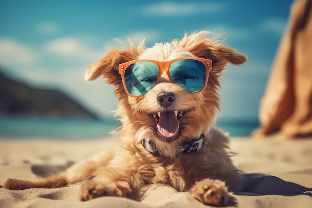 Fajny pies w okularach przeciwsłonecznych cieszący się latem na plaży