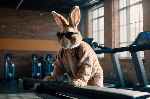 Zdjęcie fajny wielkanocny królik z okularami przeciwsłonecznymi na bieżni w siłowni