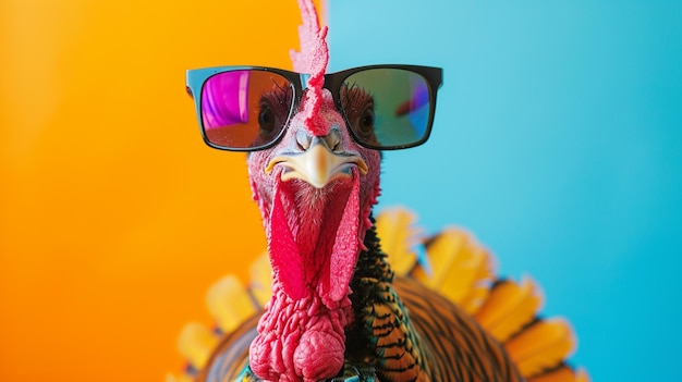 fajny Zabawny kurczak w okularach przeciwsłonecznych w studiu z kolorowym i jasnym tłem AI Generative