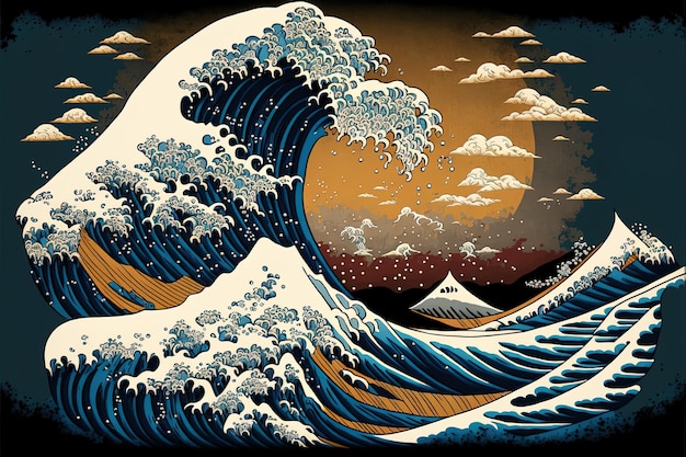 Fala hokusai w stylu japońskim Sztuczna inteligencja wygenerowała Wielkie tsunami w tradycyjnym orientalnym stylu