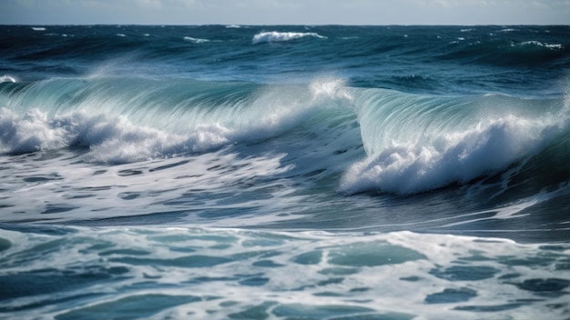 Fala łamie się w oceanie z surferem na pierwszym planie.