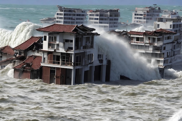 Fala tsunami niszczy grafikę generatywną budynków miejskich wykonaną przez sztuczną inteligencję