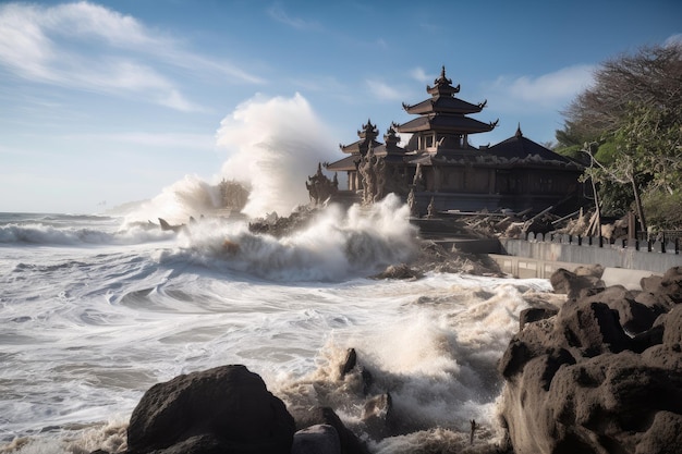 Fala tsunami przepływa obok zrujnowanej świątyni i niszczy malowniczą plażę