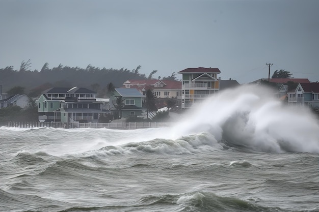 Fala tsunami rozbijająca nadmorskie miasto generujące ai