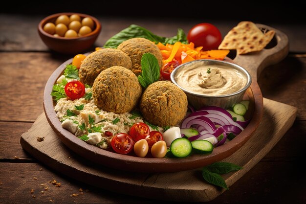 Falafel i hummus z przyprawami i warzywami