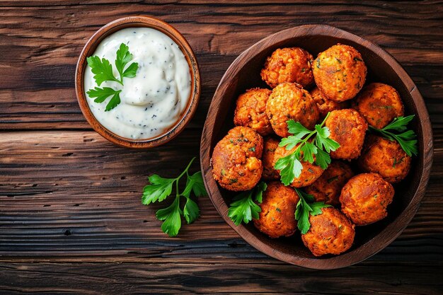 Falafel z groszkiem z sosem tahini widok z góry przestrzeni kopiowania