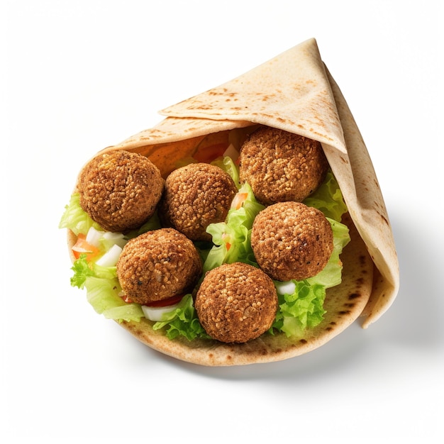 Falafel z sałatką, pomidorem i cebulą