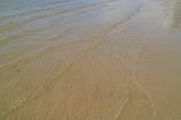 Fale biły na plaży piaskiem i odbiciem światła słonecznego w letni poranek Tło natury