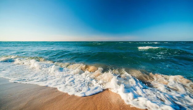 Fale morskie na plaży Głęboko niebieska woda oceanu Słoneczny krajobraz naturalny