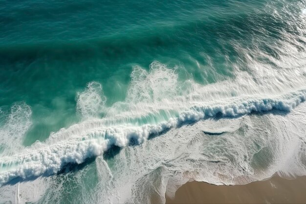 Fale oceanu na plaży jako tło Piękne naturalne letnie wakacje wakacje w tle Widok z lotu ptaka z góry na plażę i morze z falami niebieskiej wody generują ai