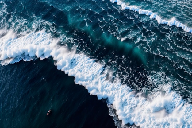 Fale oceanu na plaży jako tło z góry w dół widok czarny piasek i woda ai generowane