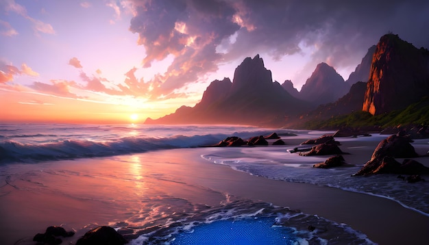 Fale oceanu zachód słońca nad brzegiem ładna sceneria przybrzeżne cyfrowe tapety generatywne ai do malowania ścian w mediach społecznościowych posty na instagramie
