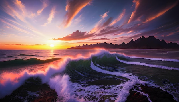 Fale oceanu zachód słońca nad brzegiem ładne krajobrazy przybrzeżne cyfrowe tapety generatywne ai