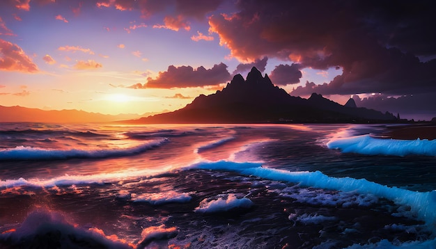 Fale oceanu zachód słońca nad brzegiem ładne krajobrazy przybrzeżne cyfrowe tapety generatywne ai