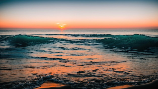 Fale wybrzeża oceanu o zachodzie słońca Generacyjna sztuczna inteligencja