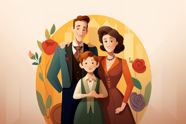 Family Fun Ilustracja w stylu kreskówek przedstawiająca generatywną sztuczną inteligencję szczęśliwej rodziny