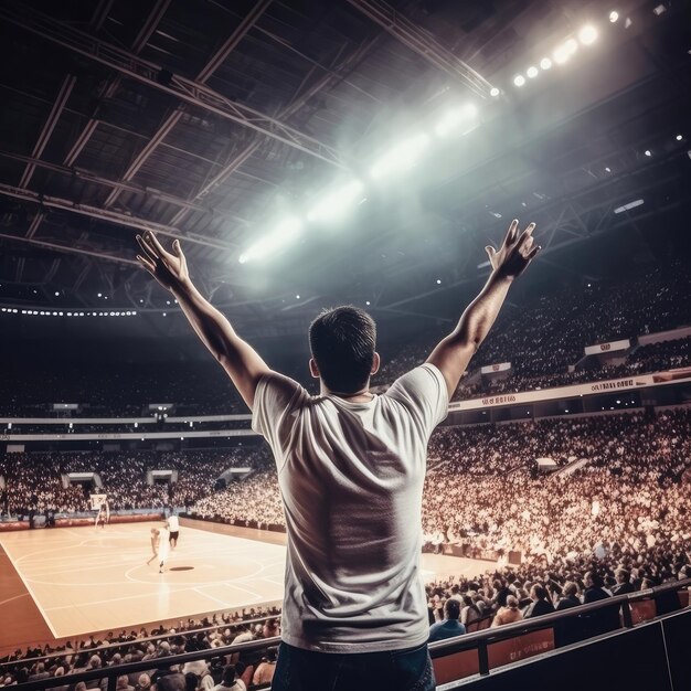 Fan koszykówki na stadionie na trybunach podnosząc ręce