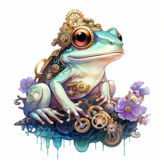 Fanciful Steampunk Pastel Frog Adventures A Whimsical Encounter with Pastel Flowers and Mushrooms o