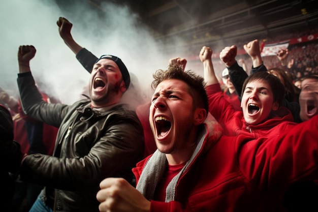 Fani cheerują na stadionie z dymem wychodzącym z ust.